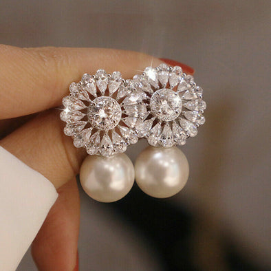 Silver Plated Drop Earrings White Pearl