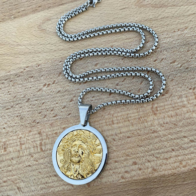 Gold Jesus Head Face Pendant Necklace Stainless Steel, 25"