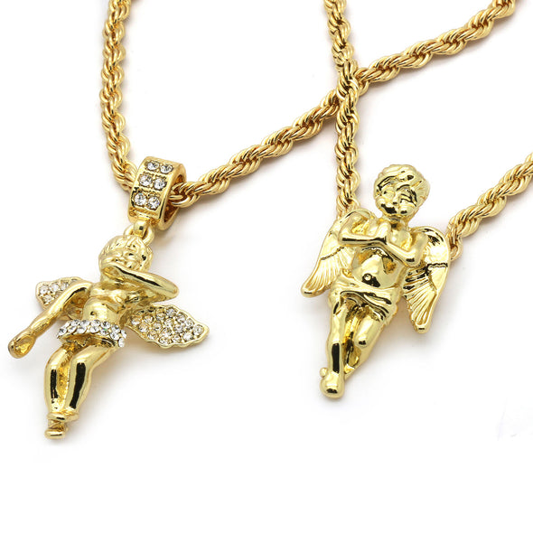 Necklaces (2) Angels Pendant Cubic Zirconia 30"/24" Rope chain, 14k Gold Plated