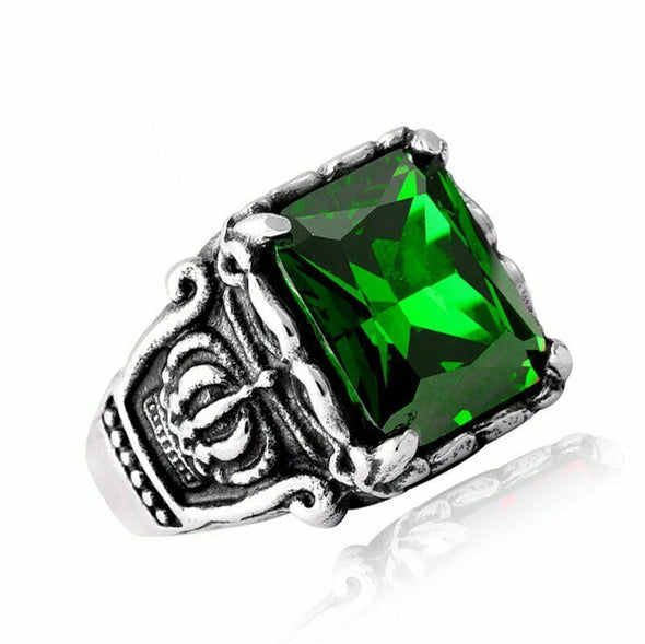 Stainless Steel Men's Crown Simulated Green Emerald Stone Ring Size 7-15