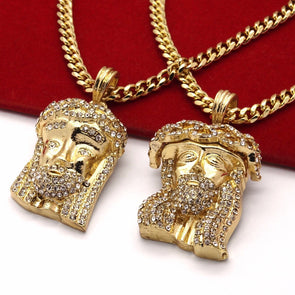 Jesus Pendant Necklaces (2) Cubic-Zirconia, Hip Hop, Gold Plated Cuban Chain