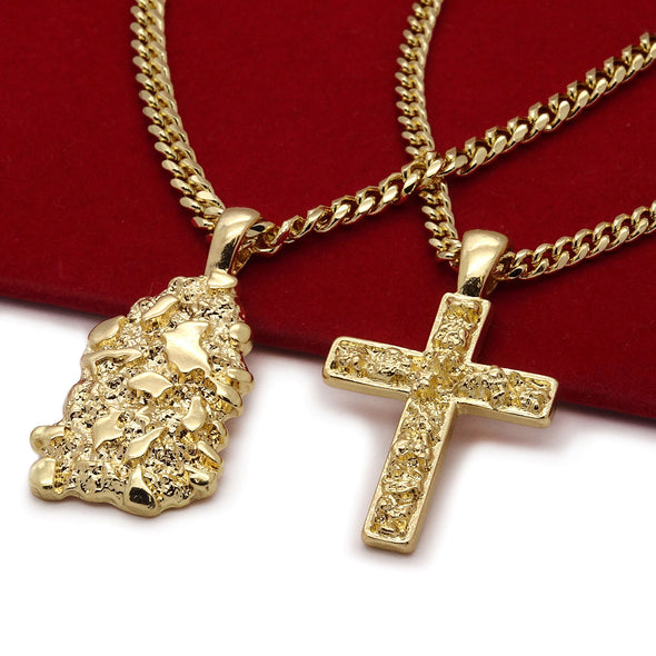 Necklaces (2) Nugget & Cross Hip Hop, Cuban Chain, 14k Gold Plated