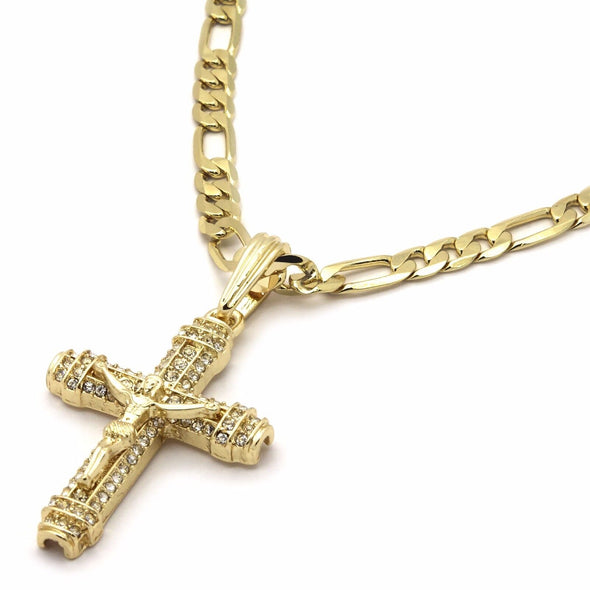 Cross Pendant Necklace Cubic-Zirconia 24" Figaro Chain, Gold Plated
