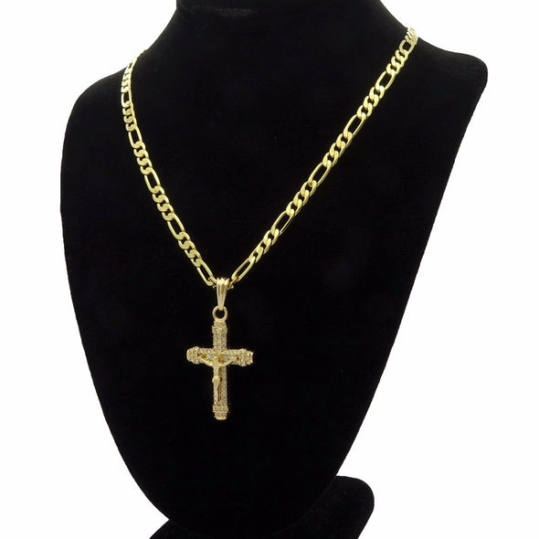 Cross Pendant Necklace Cubic-Zirconia 24" Figaro Chain, Gold Plated